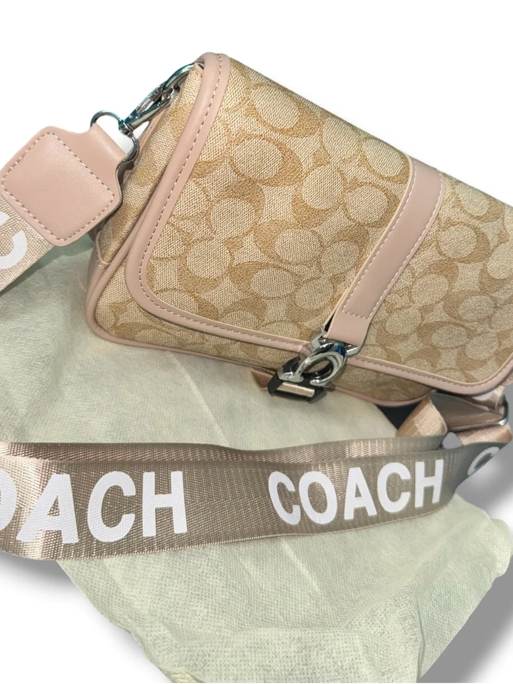 Coach Signature Canvas Flap Crossbody Bag Khaki Blush Pink Adjustable Strap